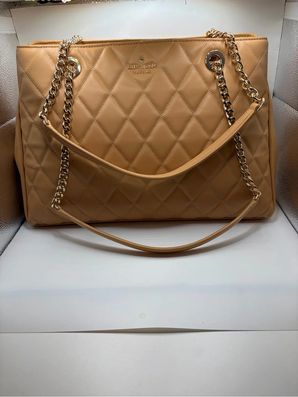 kate spade Quilted Tan Leather Shoulder Bag with Gold Chain
